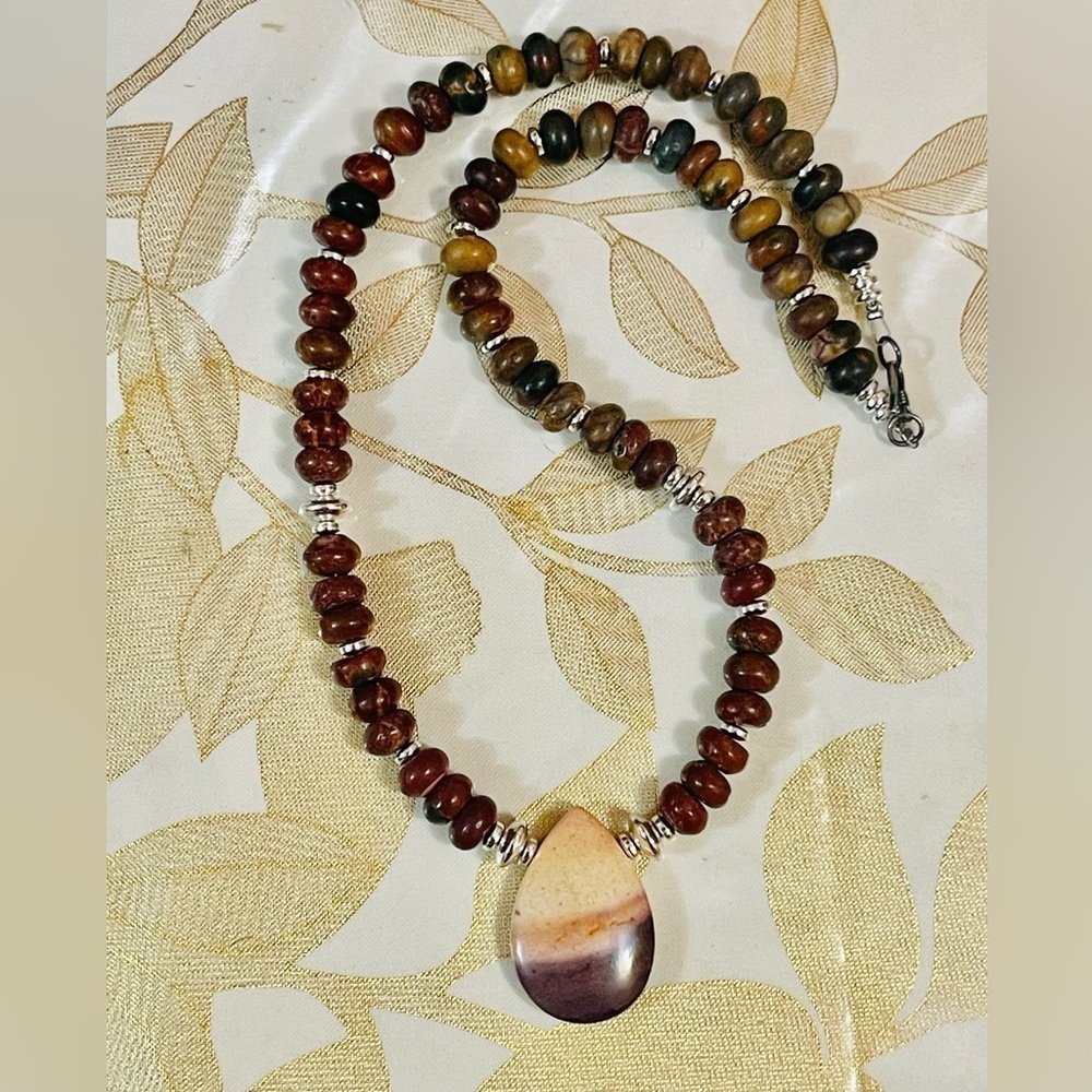 VTG Southwest Picture Jasper Pendant Beaded Necklace Hematite Bench Pearl 17"